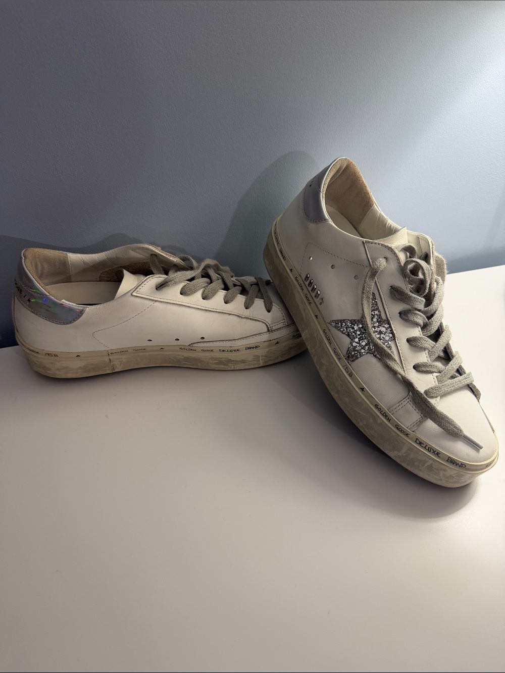 Golden Goose White Leather Hi Star Sneaker with Silver Glitter Star 38 - Picture 12 of 15